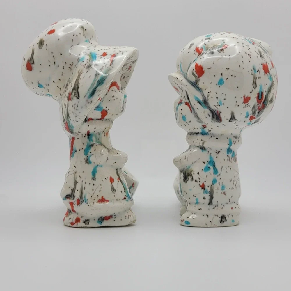 Vintage Holly‎ Hobbie and Robby Napkin Ring Figurine Set Ceramic Rainbow Speckle
